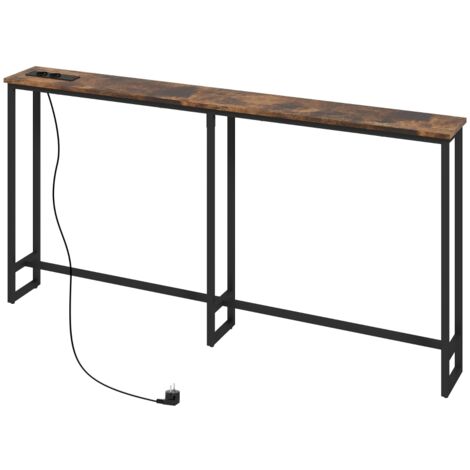 Table de consolation, table de salon avec prise de charge intégrée. Pieds en acier. Matériau : acier. Dimensions : 160 x 20 x 80 cm. Style rustique, couleur brune.