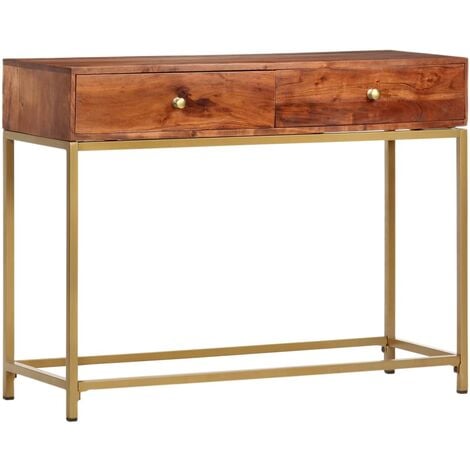 Table de console en bois avec 2 tiroirs et structure en or et en or