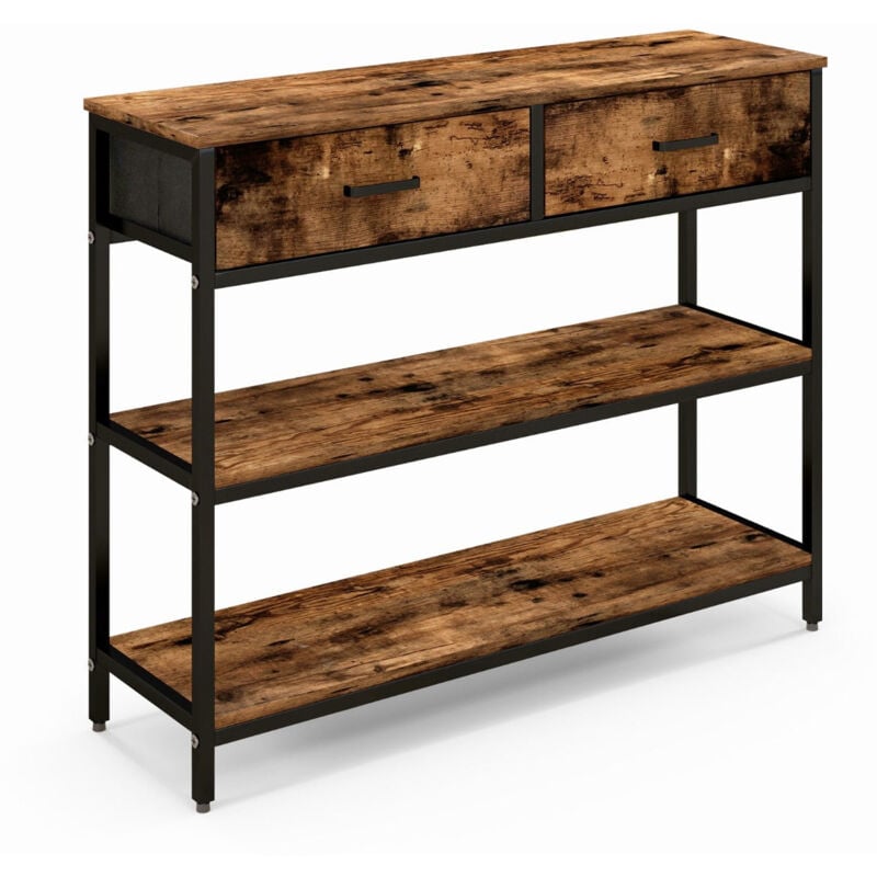 Table de console industrielle 3 niveaux 2 tiroirs 100 x 30 x 80 cm cadre en métal marron rustique