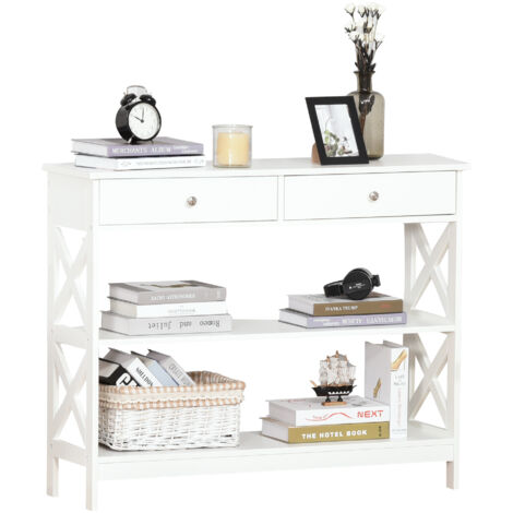 Table de console table d'entrée style table de drapier néo-rétro 2 tiroirs 2 étagères dim. 100L x 30.5l x 80H cm en bois Blanc