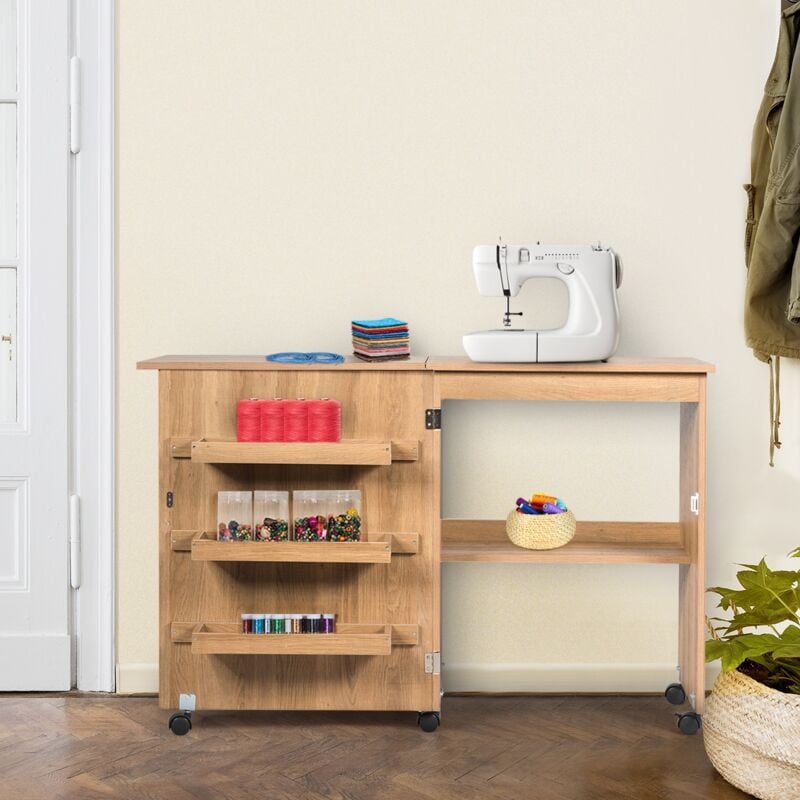 Maisonchic - Table de Couture Pliante à Roulettes Meuble pour Machine à Coudre avec 3 Étagères en Mdf 117x40x77xcm Naturel CW9070 design in