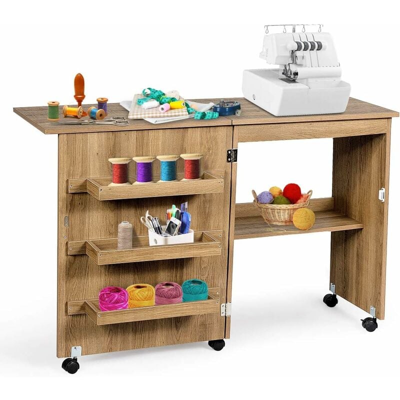 Costway - Table de Couture Pliante Meuble pour Machine à Coudre avec 3 Etagères pour Bobines et Roulettes verrouillables en Bois