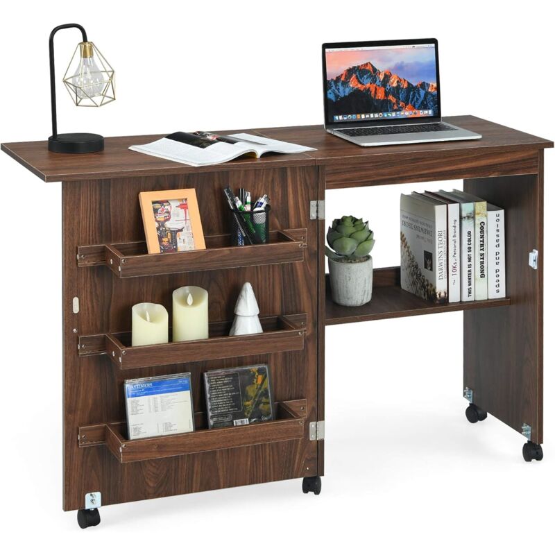 Costway - Table de Couture Pliante Meuble pour Machine à Coudre avec 3 Etagères pour Bobines et Roulettes verrouillables en Bois