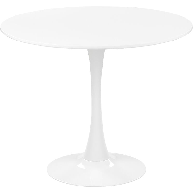 table blanche avec plateau rond 90 cm en mdf et pied unique en métal design traditionnel pour salle à manger ou cuisine moderne et scandinave beliani