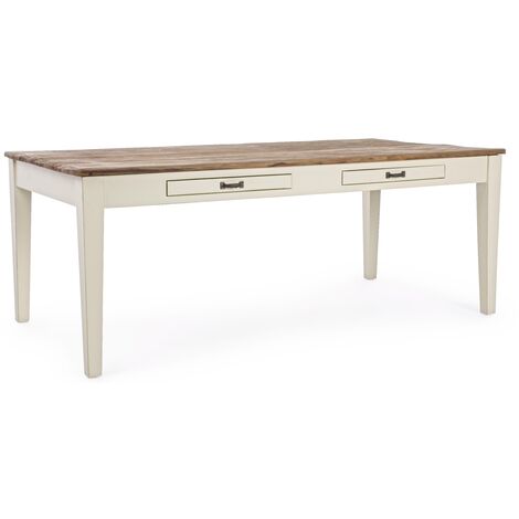 Table de cuisine bois teck 2 tiroirs blanc Siena L 200 cm