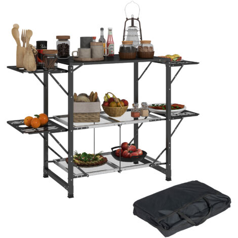 Table de cuisine de camping pliante, acier et aluminium, sac de transport, 2 tablettes , 2 étagères et porte-gobelets