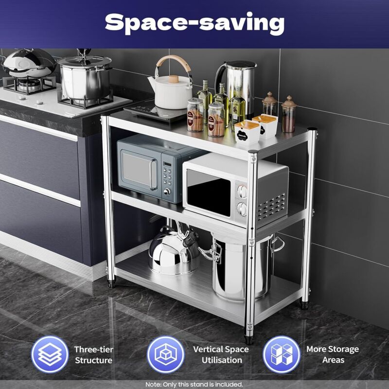 Table de cuisine en acier inoxydable à 3 étages 80 x 80 x 40 cm - Étagère de rangement pour garde-manger, restaurants, cuisines, grandes cuisines