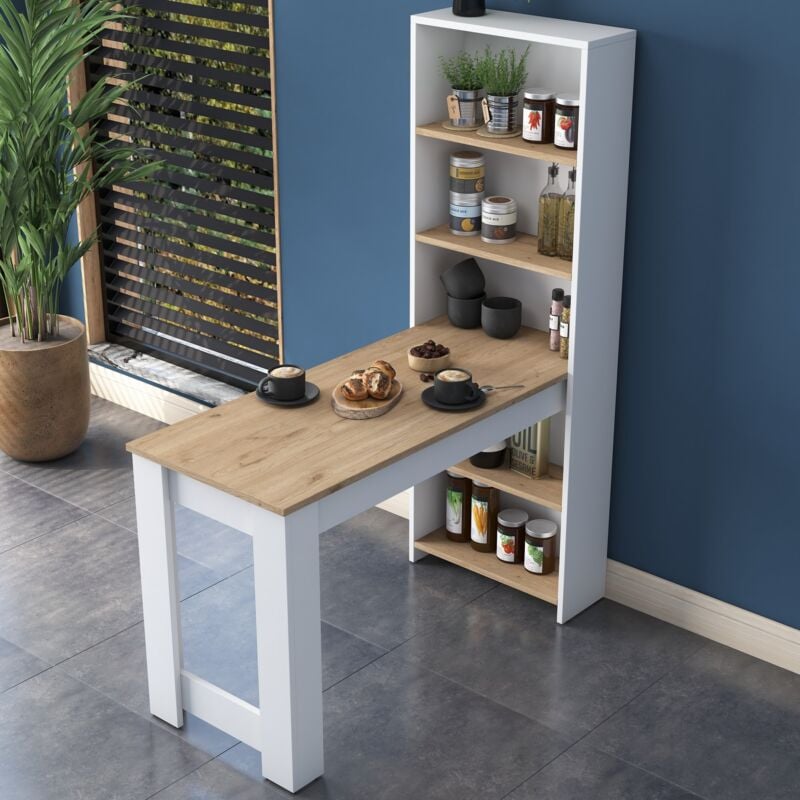 Calicosy - Table de cuisIne avec étagère de rangement intégré blanc et décor bois L120 cm