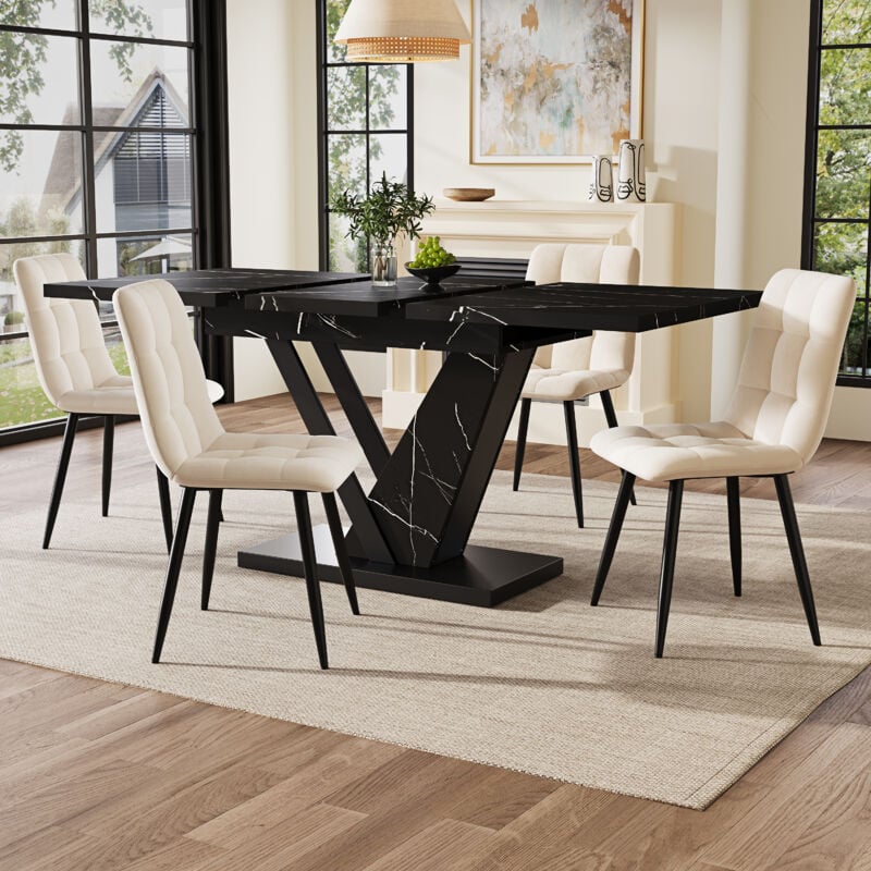 Table de cuisine extensible 120-160x75x75 cm, table de salon décontractée, pieds croisés en métal, finition marbre noir