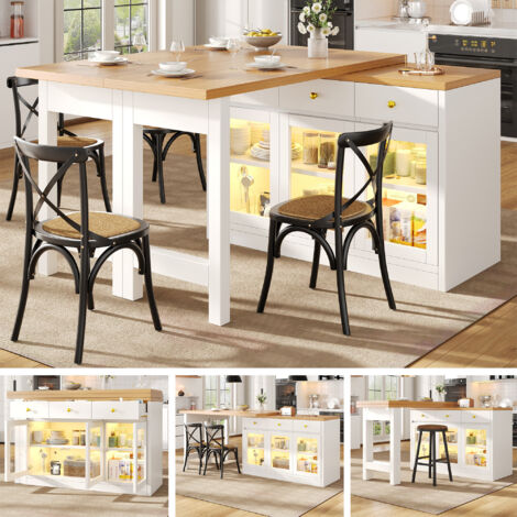Table de cuisine extensible avec éclairage LED, 120-200 cm, 3 tiroirs et portes vitrées, commande par application, blanc/noir