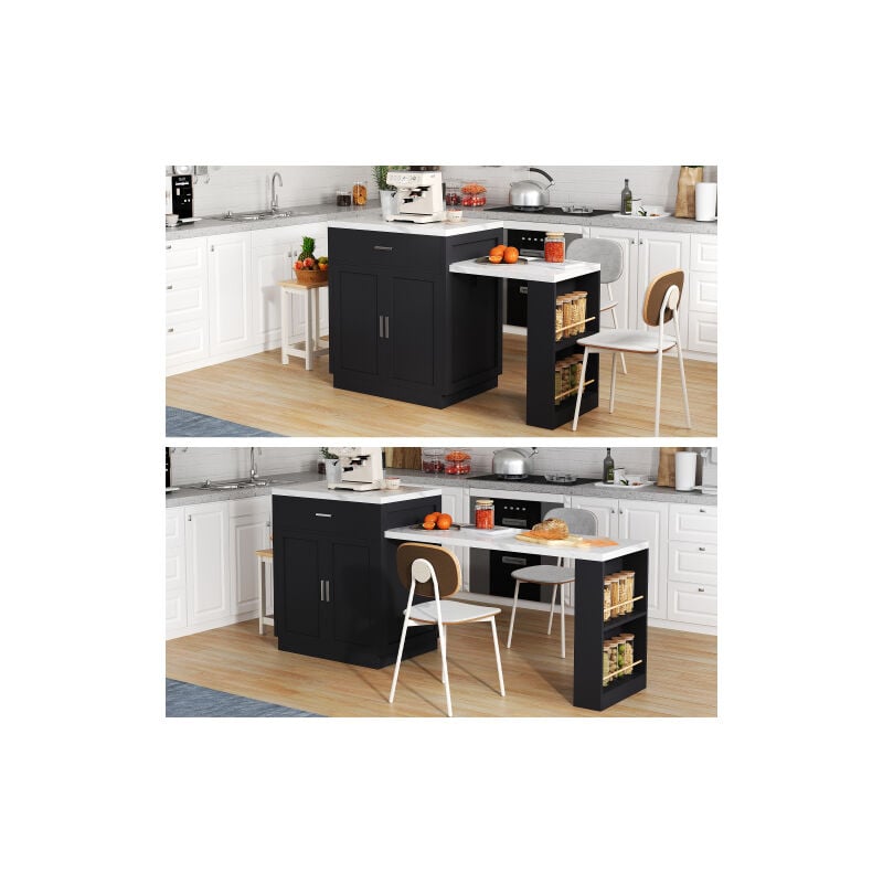 Okwish - Table de cuisine extensible avec prise de courant, meuble de rangement, 2 tiroirs et 2 étagères latérales ouvertes pour 4 à 6 personnes