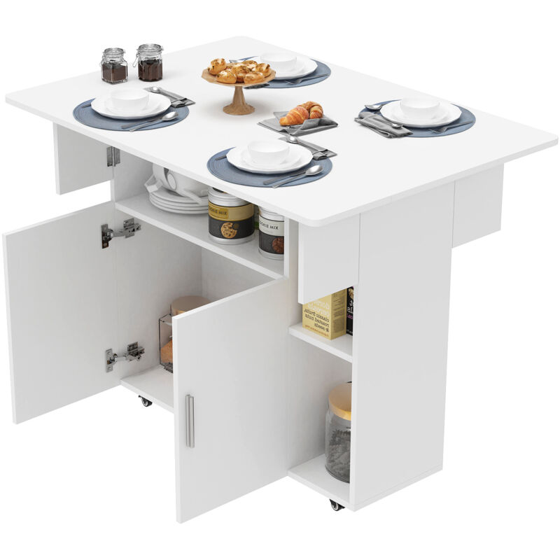Sifree - Table de Cuisine Extensible et Pliable avec Roulettes – 100x70x78cm Gain de Place, Blanc mdf pour 4-6 Personnes, Design Moderne avec Espace