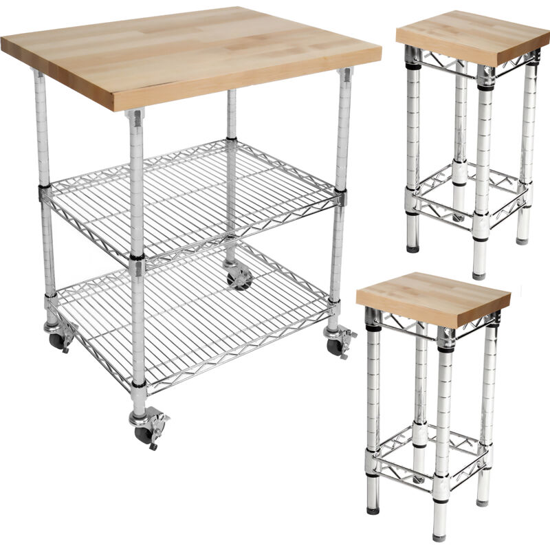 Fijalo - Table de cuisine en métal/bois avec roulettes et 2 bancs en métal/bois Table : 101 x 94 x 45 cm