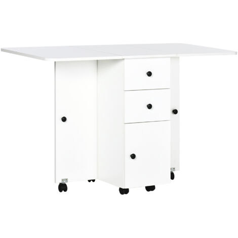 Table de cuisine pliante 2 plateaux rabattables avec tiroirs et placard blanc