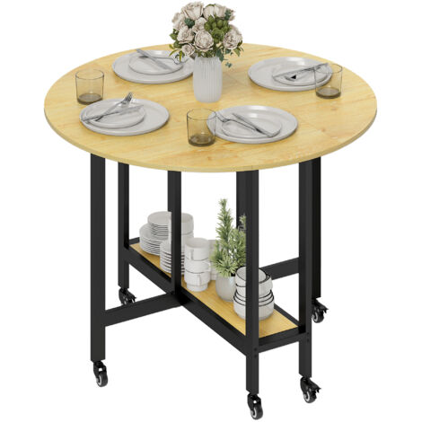 Table de cuisine pliante 4 personnes avec étagère, 100x100x75 cm, chêne, sur roulettes