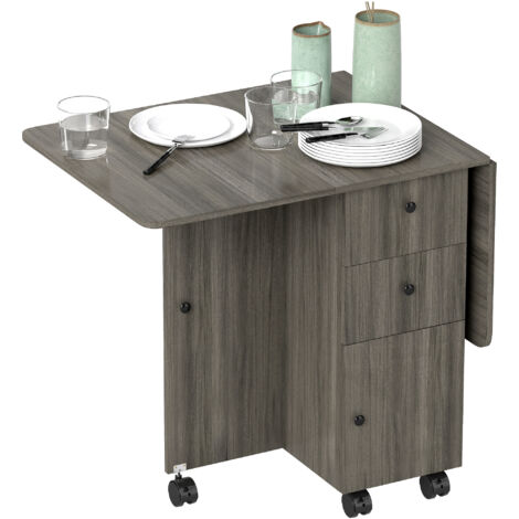 Table de cuisine pliante grise 2 plateaux rabattables avec 2 tiroirs et 1 placard