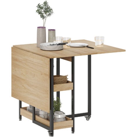 HOMCOM Table de cuisine rabattable - table à manger pliable 2-4 personnes - étagères - métal noir effet bois