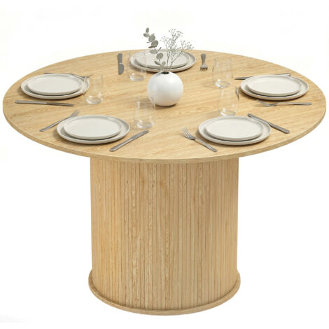 Table de cuisine ronde Ø120 cm pour 5 personnes, base cylindrique cannelée en bois naturel, hauteur 75 cm, table à manger design moderne.