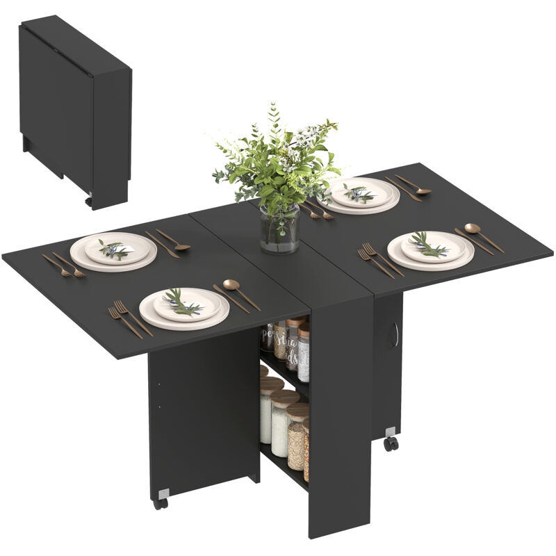 Table pliante sur roulettes 140L x 75l x 74H cm 2 étagères intégrées panneaux noir