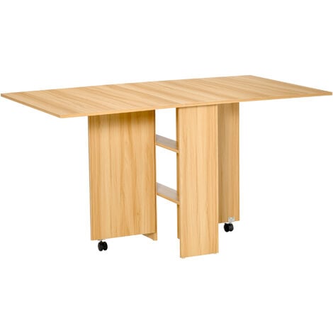 HOMCOM Table de cuisine salon pliable mobile sur roulettes 140L x 80l x 74H cm 2 étagères intégrées coloris chêne