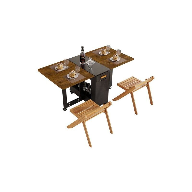 Table de Cuisine Salon Pliable Mobile,Table à Manger Pliante avec Roulettes,Table Extensible Salle à Manger avec Deux Tabourets