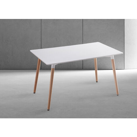 Table de cuisine, table à manger coloris blanc mat avec pieds naturel - Longueur 100 x Profondeur 70 x Hauteur 75 cm -PEGANE-