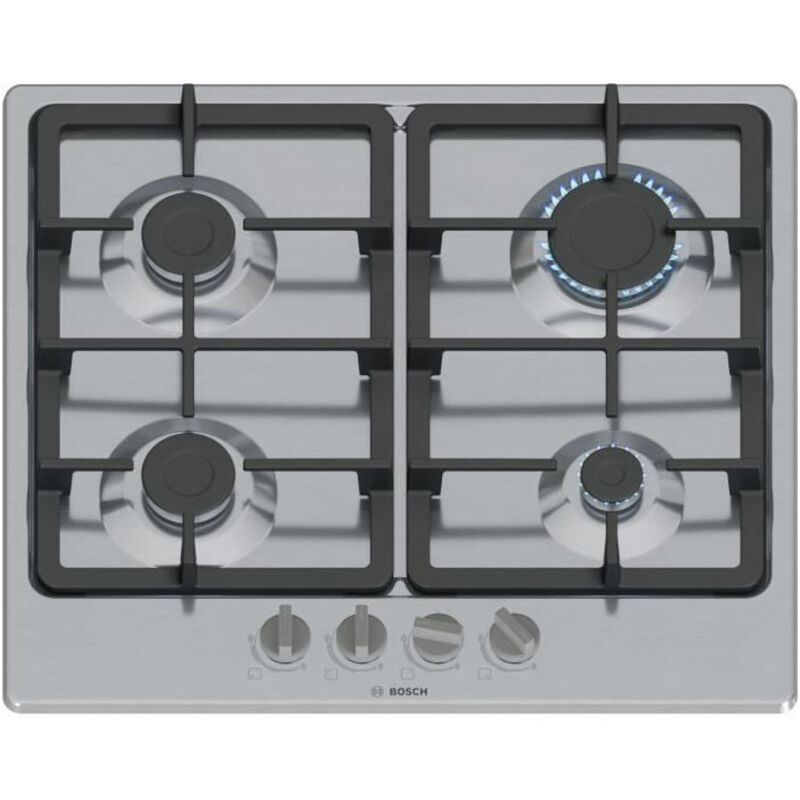 Bosch – Plaque de cuisson gaz 4 foyers 58,2 x 52 cm – Puissance 7500W – Grilles en fonte – Allumage électronique – Compatible gaz naturel et propane