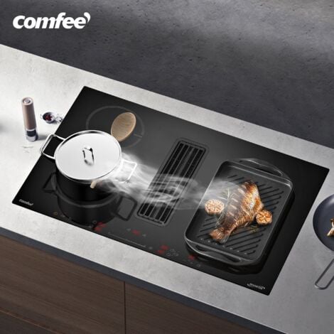 Table de cuisson à induction aspirante COMFEE 60 cm 4 foyers + hotte intégrée 638m³/h avec kit evacuation plinthe, 7400W, A++