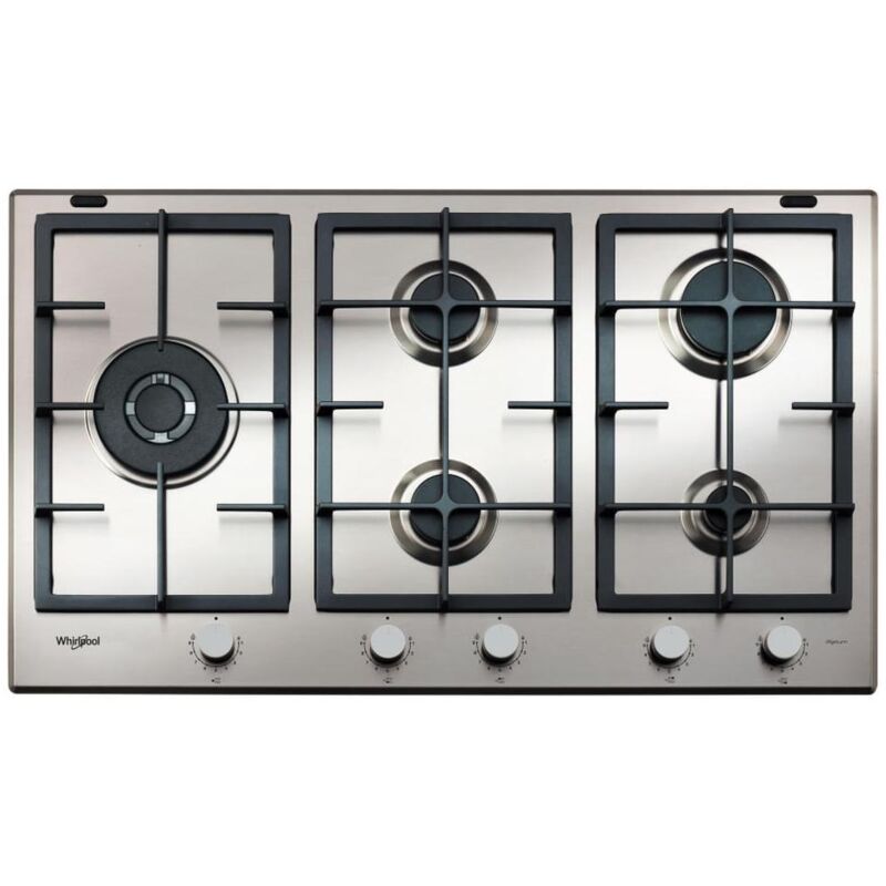 Whirlpool – Table de cuisson gaz 86 cm – 5 brûleurs à haut rendement 4 kW – Surface iXelium résistante aux taches – Commandes frontales