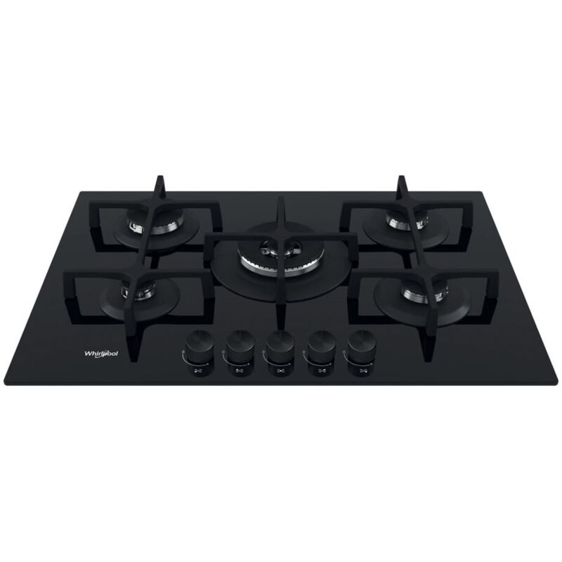 Whirlpool – Table de cuisson à gaz 73 cm 5 feux – Brûleurs à haut rendement – Commandes en haut – Finition noire élégante Whirlpool – Table de cuisson à gaz 73 cm 5 feux – Brûleurs à haut rendement – Commandes en haut – Finition noire élégante