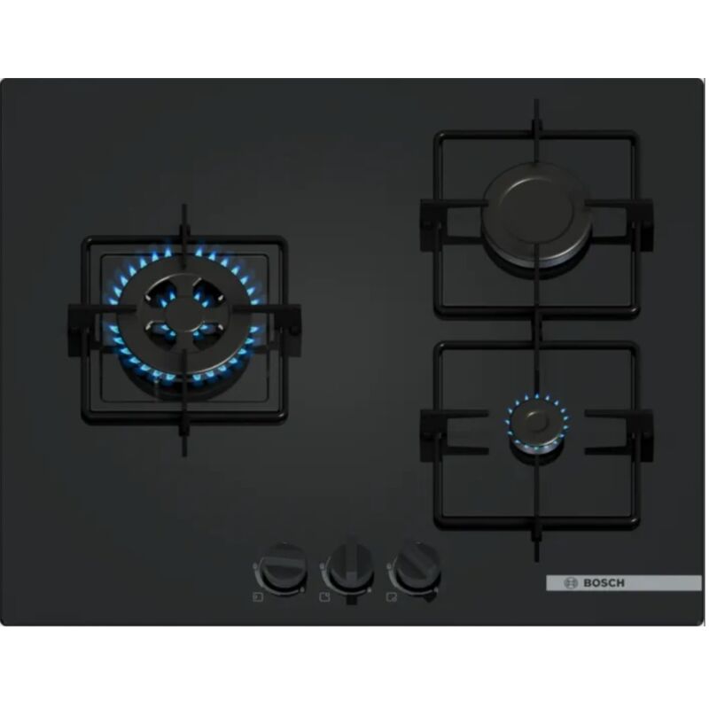 Bosch – Plaque de cuisson gaz 60cm 3 foyers 7300W avec brûleur wok – Surface en verre trempé – PNC6B6K30