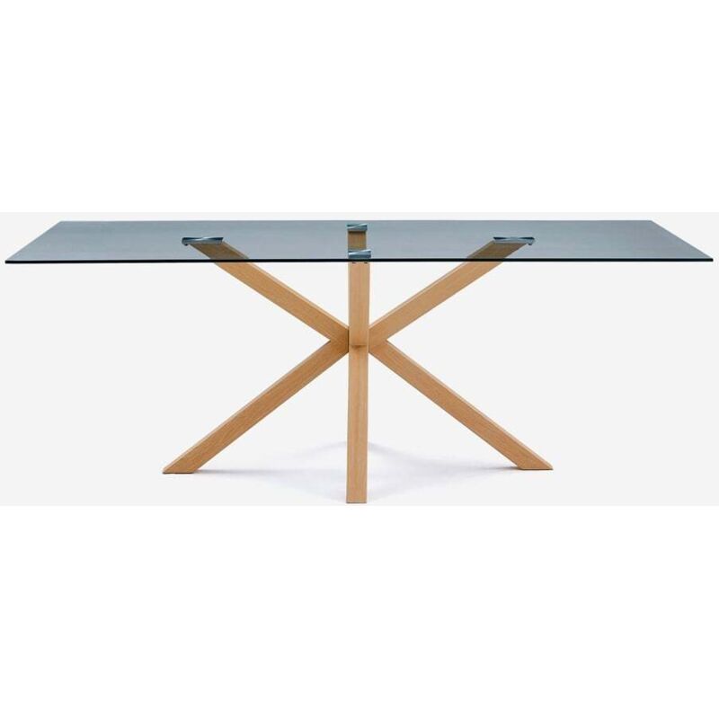 Table de design en verre et bois 200x100cm avec pieds croisés Horo