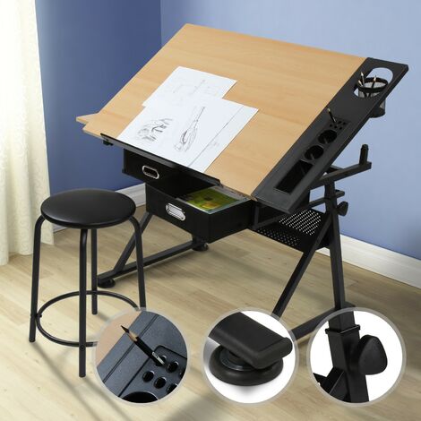 MIADOMODO® Table à Dessin - Inclinable, Hauteur Réglable, avec Tabouret, 2 Tiroirs, pour Beaux-Arts, Les Architectes, Ingénierie - Bureau à Dessin, Cours de Travail