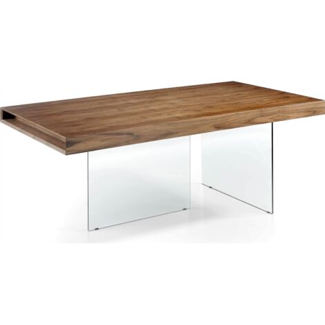 Table de diner bois pieds en verre trempé - Noyer, transparent