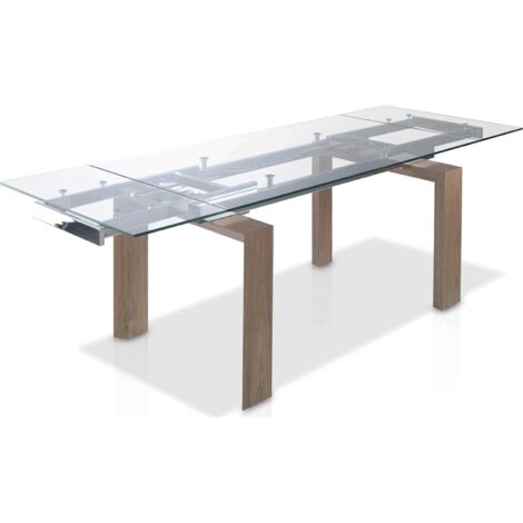 Table de diner extensible plateau verre trempé pieds bois - Noyer
