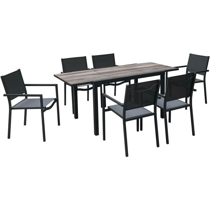 Table de jardin aluminium 120/180cm avec 6 chaises empilables aluminium et textilène - Bois