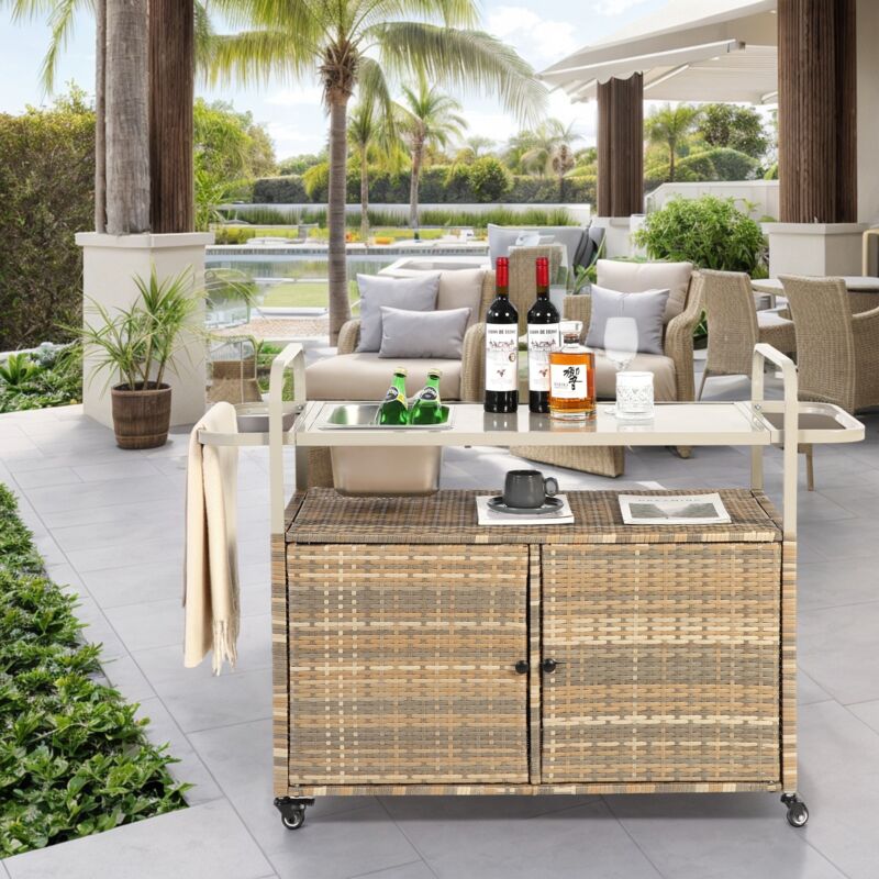 Table de jardin 131x50x91 cm, chariot de bar en osier avec 4 roues à 360 degrés, armoire, seau à glace, plateau en verre, convient pour jardin et