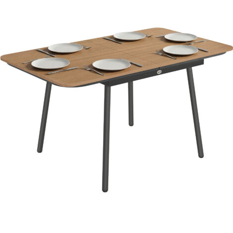 Table de jardin 140 x 80 cm pour 6 personnes Salle à manger extérieure résistante à la rouille Table avec plateau WPC Pieds réglables, teck