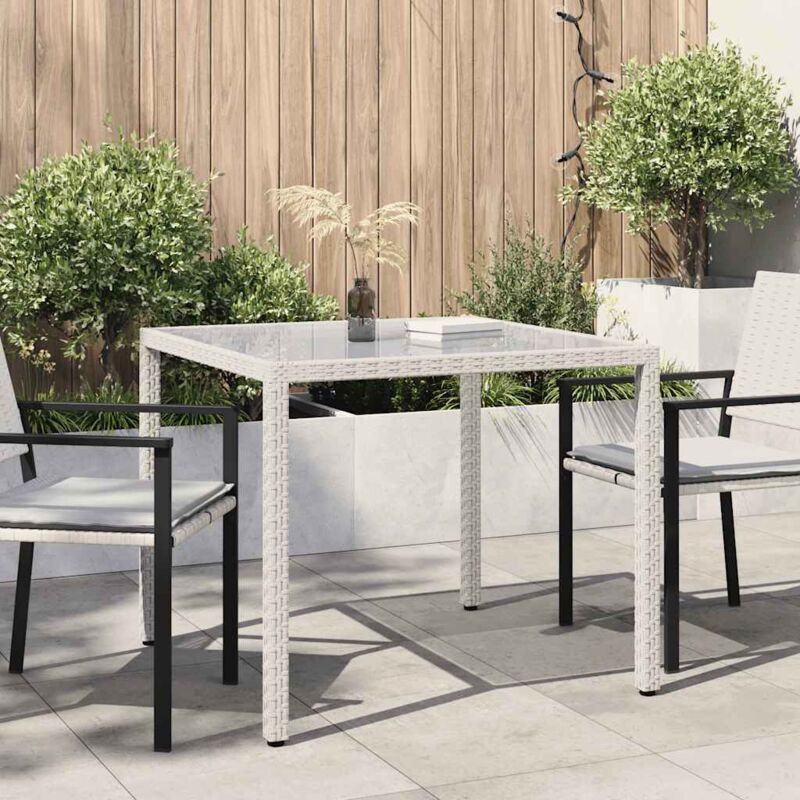 Vidaxl table de jardin 90x90x75cm verre tremp&eacute; et r&eacute;sine tress&eacute;e blanc