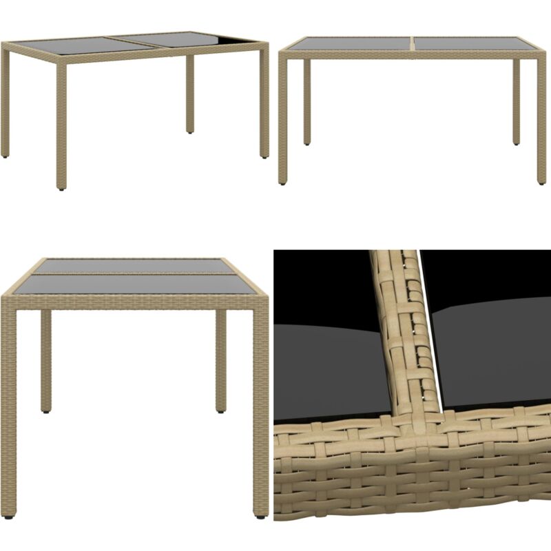 Table de jardin 150x90x75 cm Verre trempé/résine tressée Beige - Table De Jardin - Table Extérieure - Mobilier De Jardin - Table En Résine Tressée