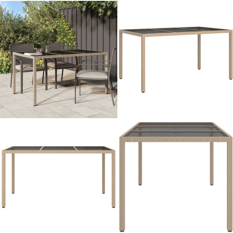 Table de jardin 150x90x75 cm Verre trempé/résine tressée Beige - Table De Jardin - Table Extérieure - Mobilier De Jardin - Table En Résine Tressée