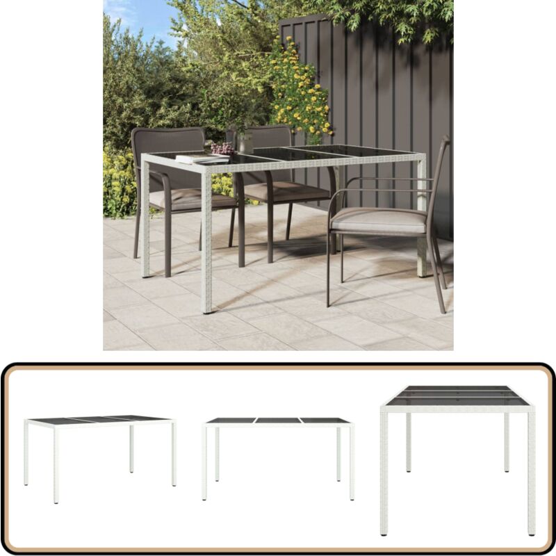Table de jardin 150x90x75 cm Verre trempé/résine tressée Blanc - Table De Jardin - Table Extérieure - Mobilier De Jardin - Table En Résine Tressée