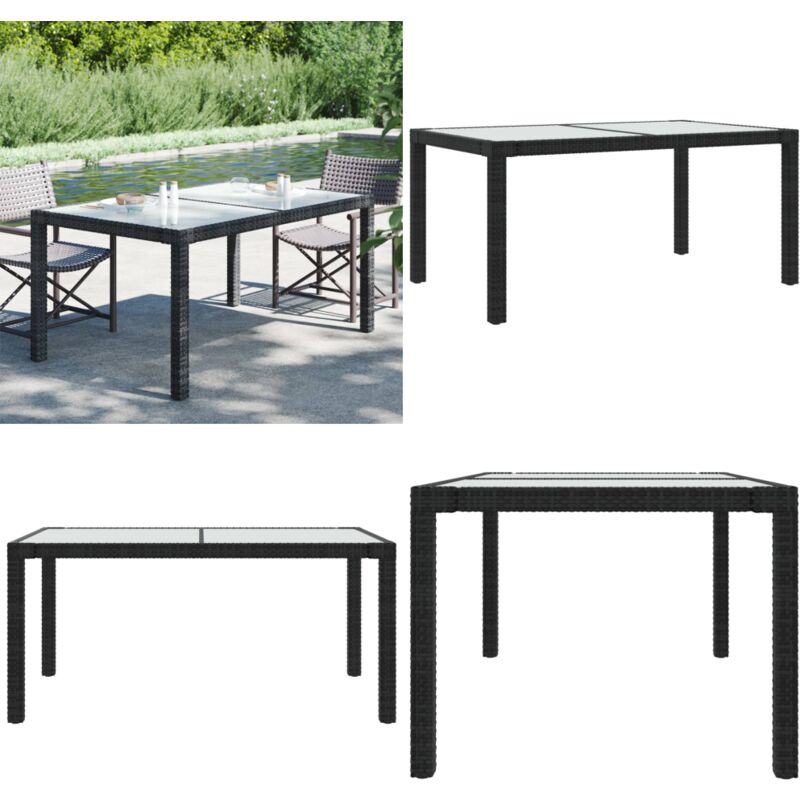 Table de jardin 150x90x75cm Verre trempé et résine tressée Noir - Table De Jardin - Table Extérieure - Mobilier De Jardin - Table En Résine Tressée