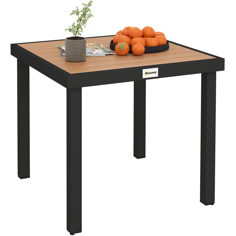 Outsunny - Table de jardin 2 personnes dim. 78 x 78 x 74 cm aluminium noir plastique effet bois naturel