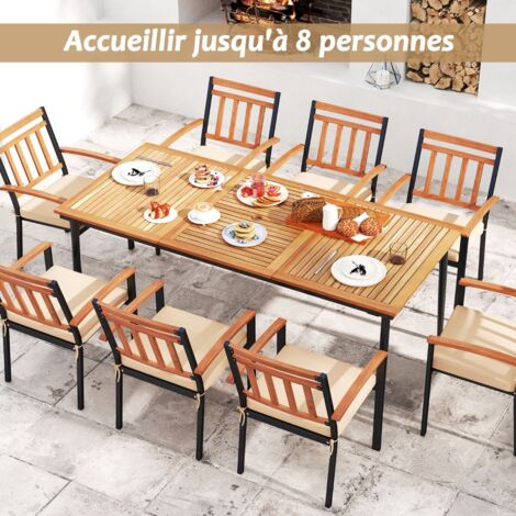 Table de Jardin 200 CM pour 8 Personnes Table Exterieur en Bois d’Acacia avec Trou de Parasol Dia.5 CM Plateau à Lattes Pieds en Métal