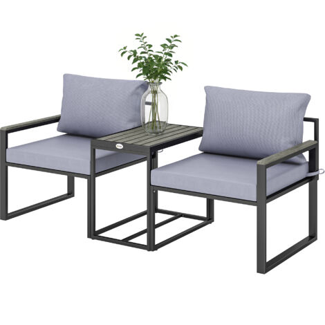 Table de Jardin 3 Pièces avec 2 Chaises Texteline et Coussins Gris