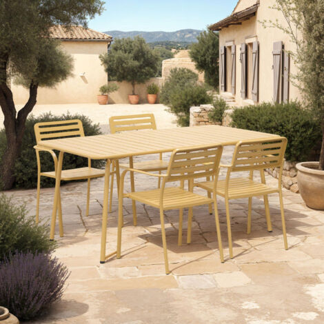 Table de jardin + 4 fauteuils empilables en métal moutarde - BACA