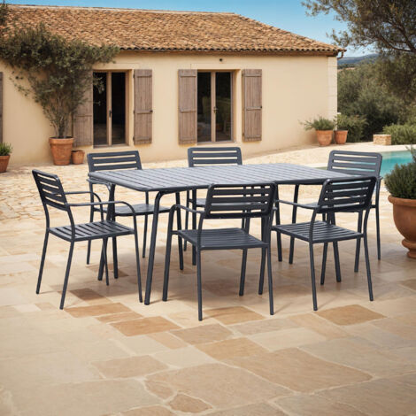 Table de jardin + 6 fauteuils empilables en métal gris - BACA