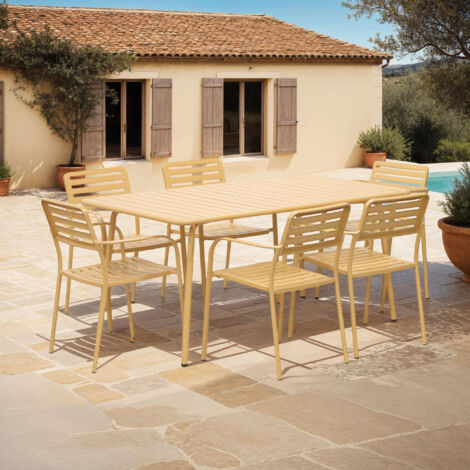 Table de jardin + 6 fauteuils empilables en métal moutarde - BACA