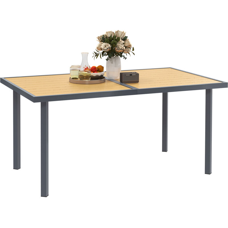 Outsunny - Table de jardin 6 personnes rectangulaire dim. 150 x 90 x 72 cm métal gris plateau effet bois naturel